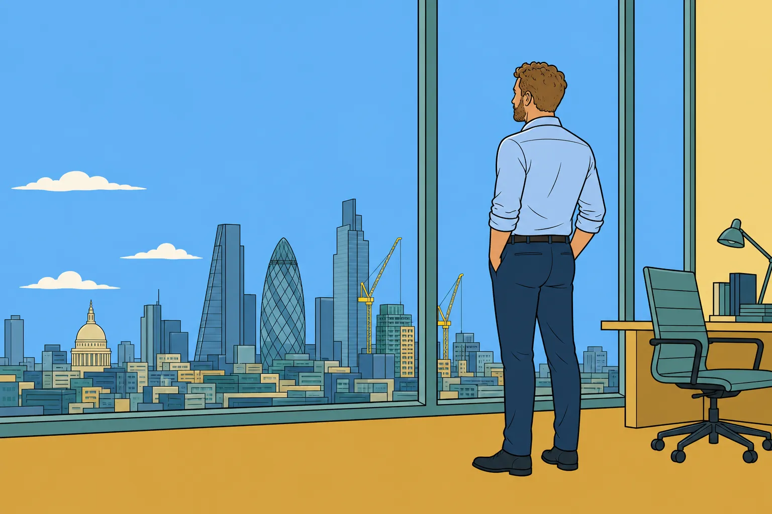 Adam Worley standing at the office window, hands in pockets, looking out over the London skyline.