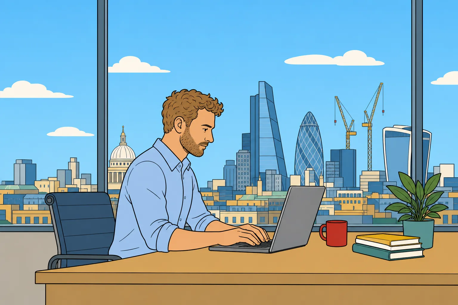 Adam Worley in profile at his desk, typing on an open laptop, a London skyline of towers, a dome and construction cranes filling the window behind.