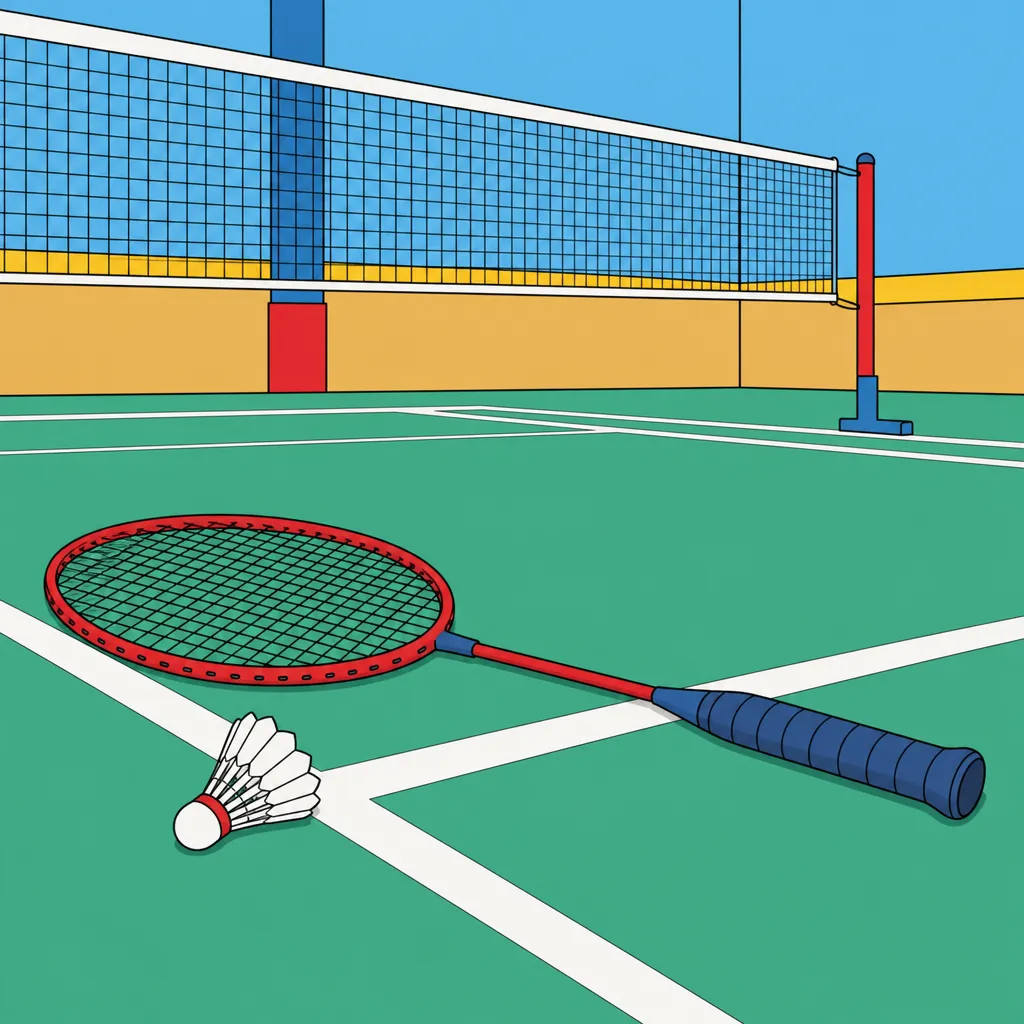 A badminton racket and shuttlecock on a sports hall court, drawn in flat clear-line colour