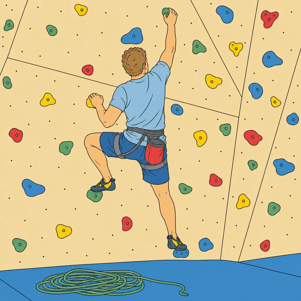 An indoor climbing wall covered in coloured holds, drawn in flat clear-line colour