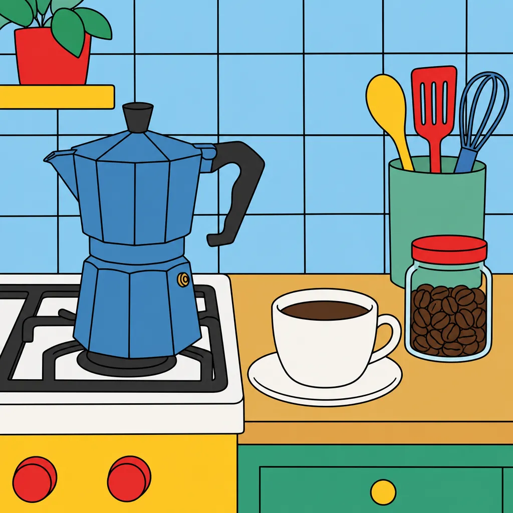 A cup of coffee and a moka pot on a kitchen counter, drawn in flat clear-line colour