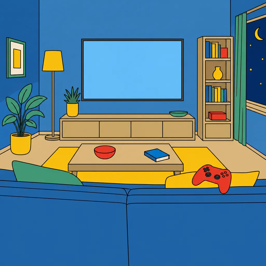 A sofa facing a television with a game controller on the cushion, drawn in flat clear-line colour