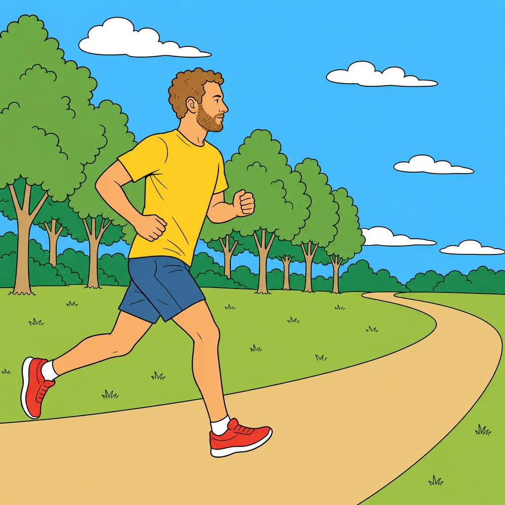 A runner mid-stride on a park path lined with trees, drawn in flat clear-line colour