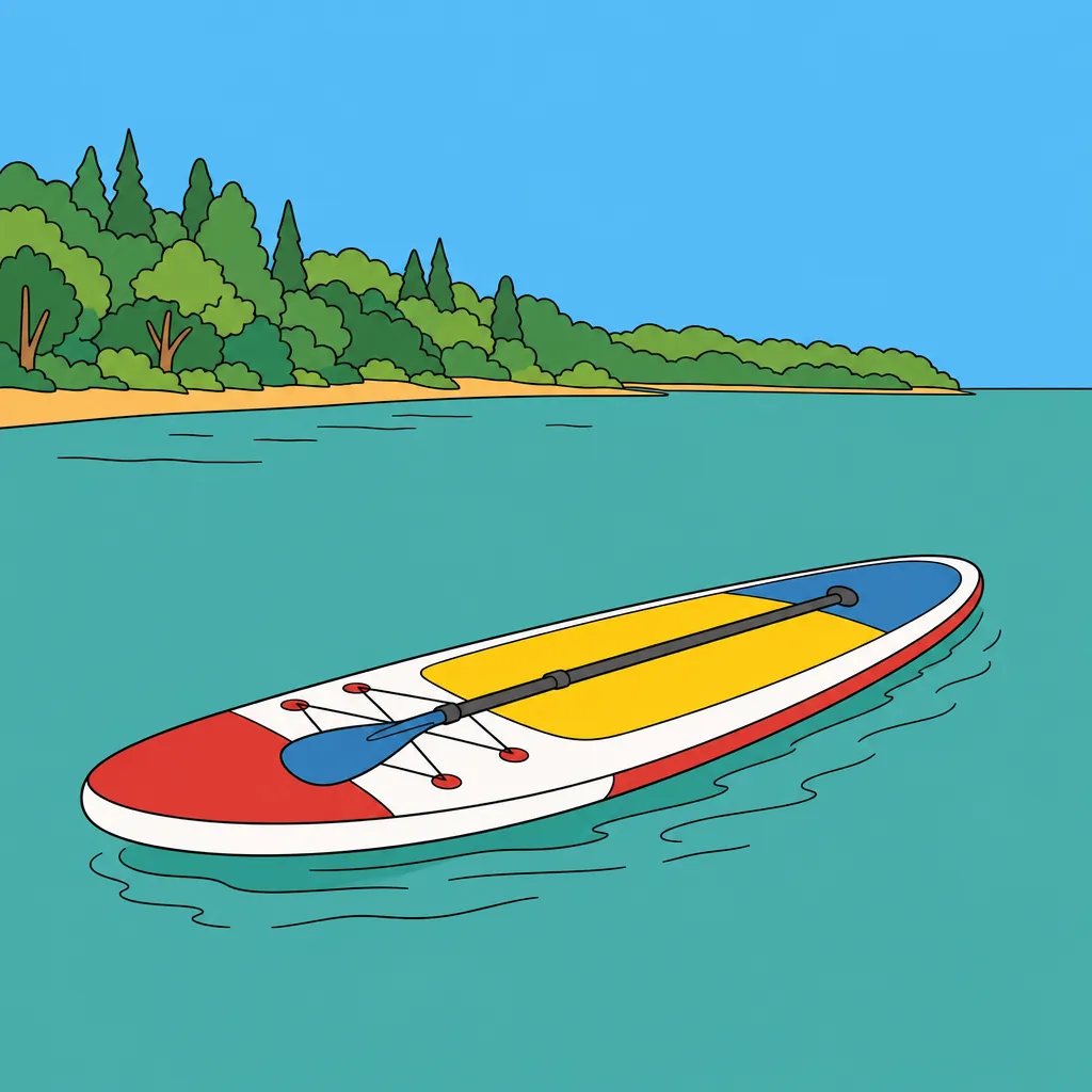 A stand-up paddleboard and paddle on flat calm water, drawn in flat clear-line colour
