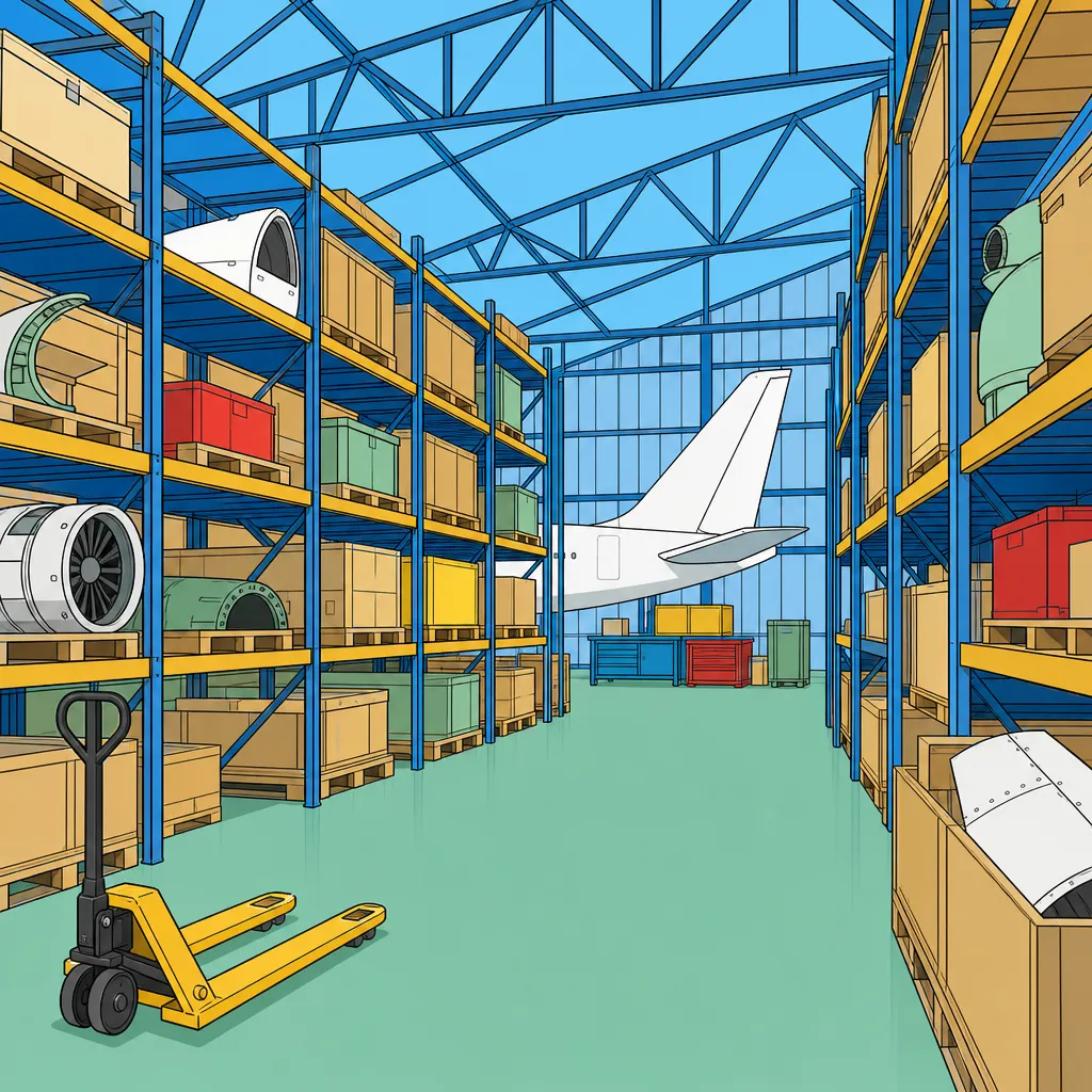 An aircraft parts warehouse with racking and crates, drawn in flat clear-line colour
