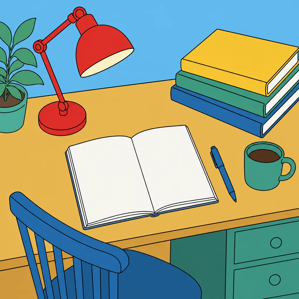 A writing desk with an open notebook, lamp and coffee, drawn in flat clear-line colour