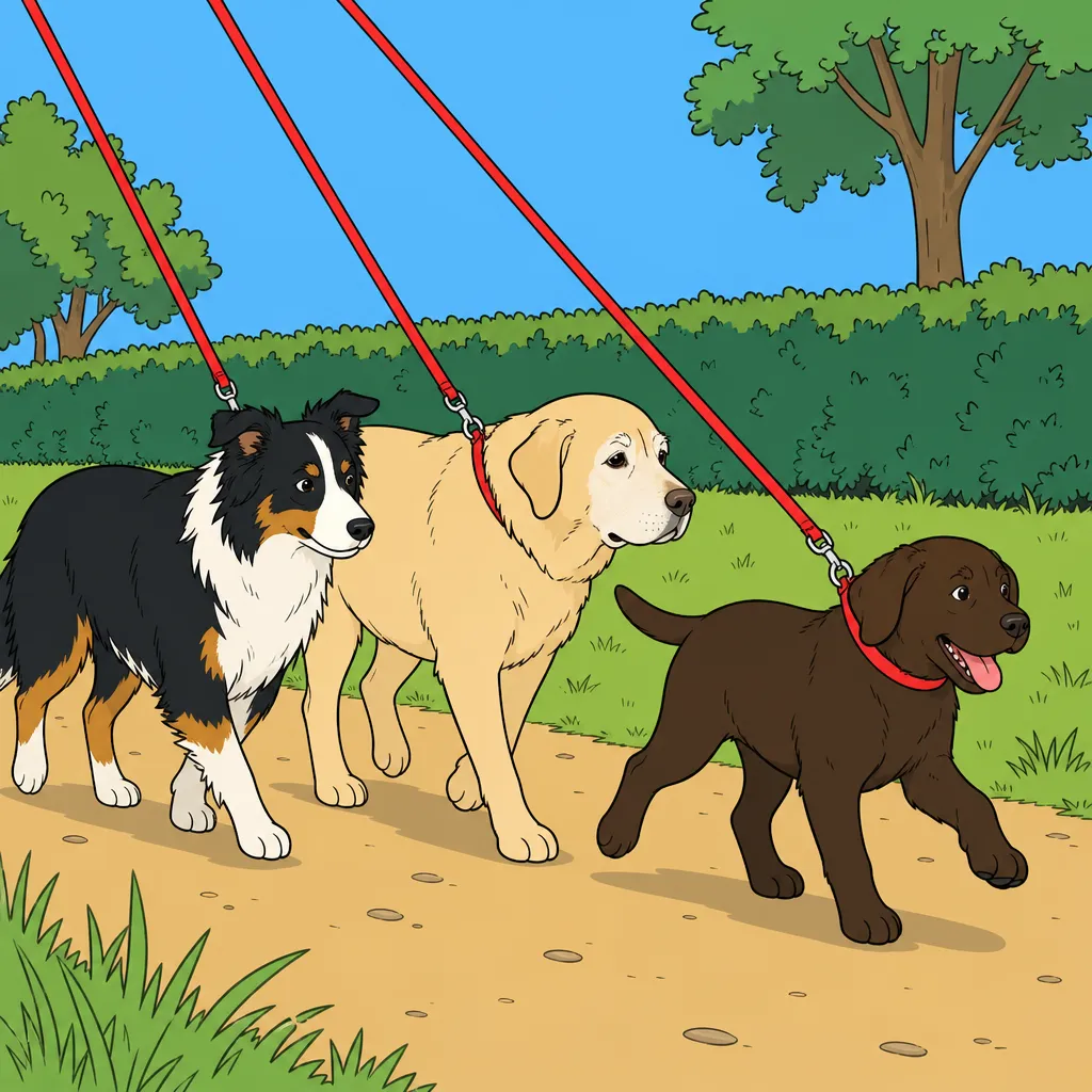 Three dogs on red leads walking a park path (a tri-colour border collie, an old yellow labrador and a young chocolate labrador), drawn in flat clear-line colour