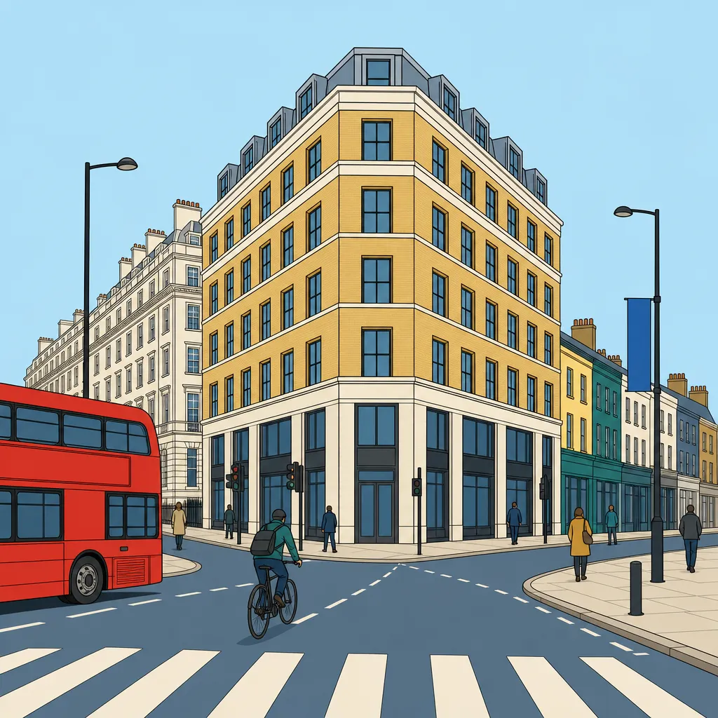 A city office building under a flat blue sky, drawn in flat clear-line colour